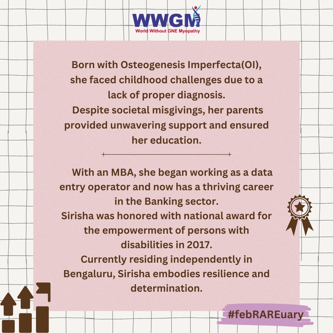 🧬 #FebRAREuary 🌠 Meet @SirishaKv : An Inspiring OI Warrior. Born with #OsteogenesisImperfecta, also known as Brittle bone disease, a rare genetic disorder, Sirisha's journey is a... Read more at gne-myopathy.org/feb-rare-uary-… #DiversityAndInclusion #RareDiseaseDay #RareWomen