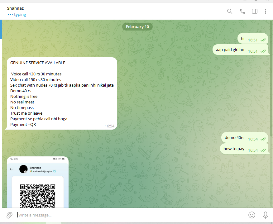 GI_Developers's tweet photo. some girls doing illegal prostitution work on telegram 
This is banned in India please take action against him as soon as possible 
qr code mentioned and device id also mentioned
@CBIHeadquarters @theonecid @dtptraffic @CrimeBranchDP @CyberCrimePbInd #CRIME #ONLINECRIME #SCAM https://t.co/LrJQJqagMl