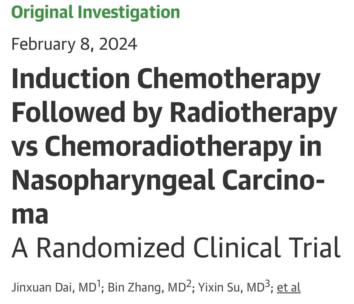 📢Stage III to IVB nonkeratinizing nasopharyngeal carcinoma
@JAMAOnc 

❓After 3x DCF induction, RT+ weekly cisplatin or only RT?

➡️The 3-year progression-free survival was 76.2% and 76.8%, P = .01 for noninferiority
➡️grade 3 to 4 short-term toxic effects was lower with RT…