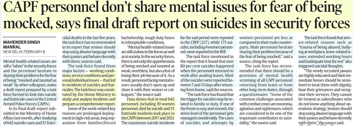 imRavikantYadav's tweet photo. #mentalillness #taboo
#SelfReporting ❌️
*#CAPF Personnel dont share Mental issues for fear of being MOCKED: says final report on #Suicides in #security forces
#Fratricides
*Self-Reporting of #MentalDisorders in #India 'lower than burden'
#mentalhealth
#UPSC
Source:IE & TH https://t.co/quV0jAAmiD
