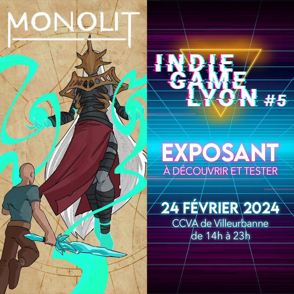 IndieGameLyon's tweet photo. 🎮𝙈𝙤𝙣𝙤𝙡𝙞𝙩 - 𝗱𝗲 𝗚𝗿𝗮𝘃𝗶𝘁𝘆 𝗦𝘁𝘂𝗱𝗶𝗼

𝗜𝗻𝗱𝗶𝗲 𝗚𝗮𝗺𝗲 𝗟𝘆𝗼𝗻 #𝟱
📅Samedi 24 février 2024
📌CCVA de Villeurbanne
#gamedev #indiedev #indiegame #IndieGameDev #indiegames #gaming #survivalgame

1/3 https://t.co/pcnGm33Qec