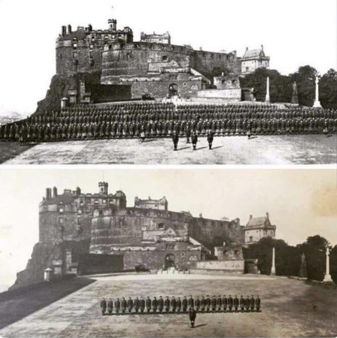 The top photo is a battalion of the Cameron Highlanders in 1914, prior to being despatched to the front line; below is the same battalion upon their return in 1918 after the armistice. War is hell.