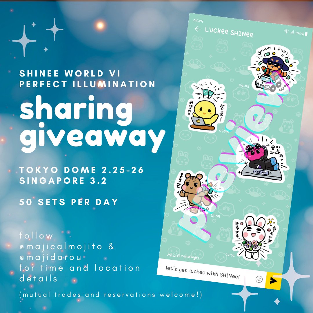 majicalmojito's tweet photo. ✨️SHINee WORLD VI PERFECT ILLUMINATION GIVEAWAY EVENT✨️
hi shawols! I've prepared sticker sheets for a LUCKee SHINee year! see you soon at SWCVI tokyo dome and singapore!

#SHINee_WORLD_VI https://t.co/pzj1JamXcp