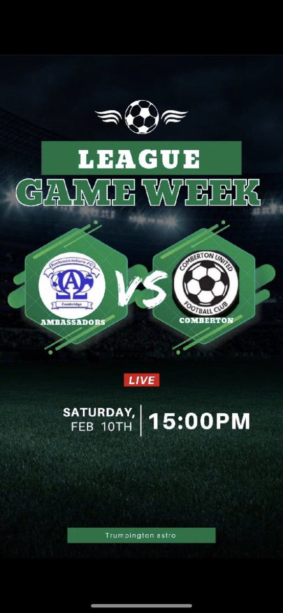 Cambambassadors's tweet photo. 🚨 It’s Gameday! We host @CombertonUtd at home today in a big clash at the top of the league, expecting a tough game as per usual! 

#uptheambassadors https://t.co/Od07LNP0LD