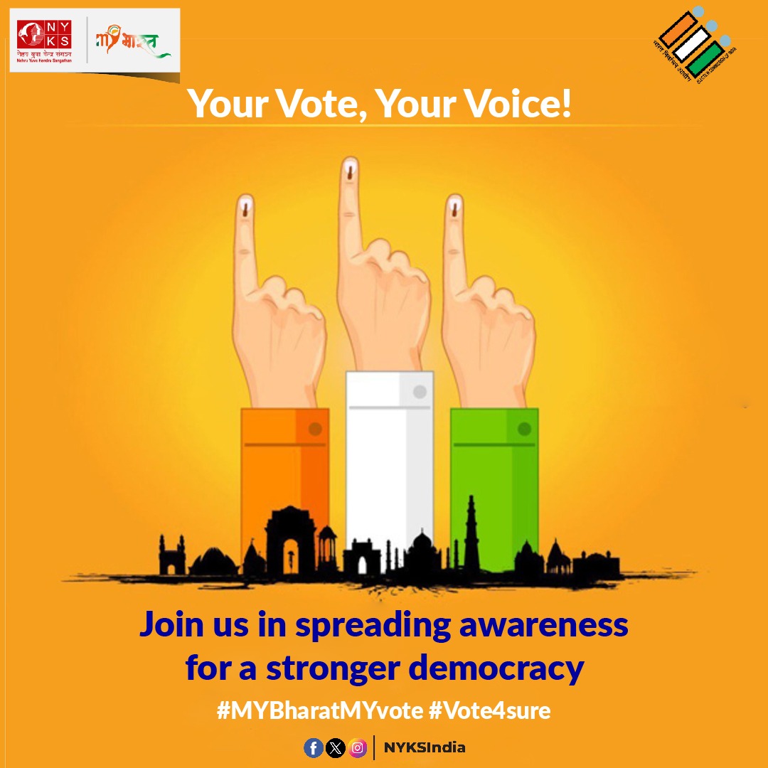 Let's make our voices heard at the ballot box! Join us in our mission to empower voters and strengthen democracy. 🗳️✊ #MYBharatMYvote #Vote4sure #NYKS