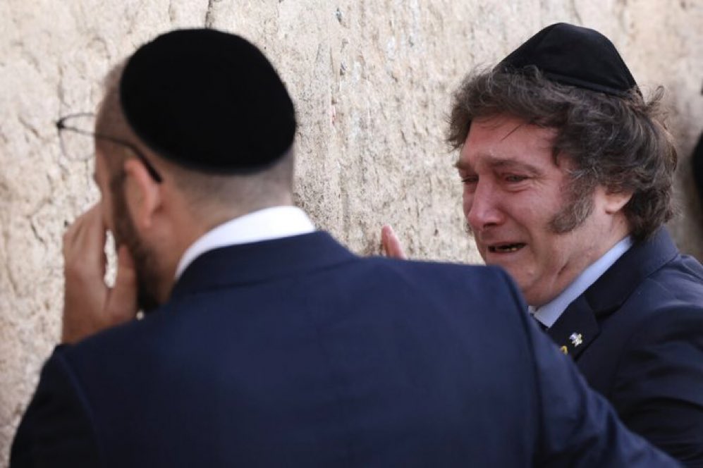 Argentina’s president Javier Milei, crying at the wall. He’s a catholic but wants to convert to Judaism ! No surprises there as to why. 

Is it not coincidental that Argentina was the safe haven for all the Nazi’s, and Israel is the safe haven for all the pedophiles. It’s also