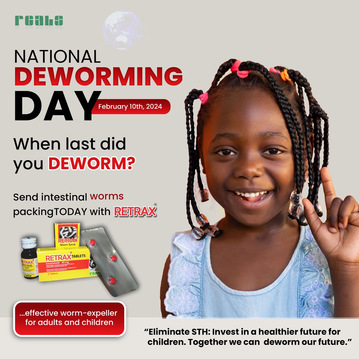 RealsGroup's tweet image. Happy Deworming Day from Reals Pharmaceutical Ltd...

#Deworming #deworming2024 #retrax #worms #realsgroup #realspharmaceutical #wellness #wellbeing #DewormingDay
