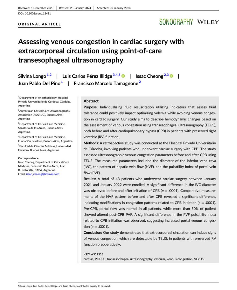 Assessing Venous Congestion in Cardiac Surgery with Extracorporeal Circulation Using Point-of-care Transesophageal Ultrasonography Sonography DOI: doi.org/10.1002/sono.1… Sharelink: onlinelibrary.wiley.com/share/author/P… @silvinalongo1 @panchopocus @asaruc1 #POCUS #ECMO