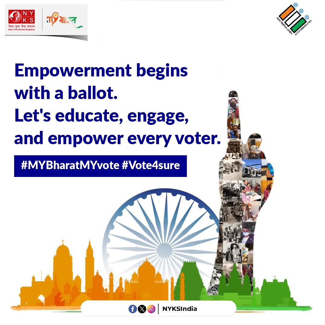 Unlock the power of your vote! Together, let's educate, engage, and empower every voter for a stronger democracy. 🗳️✊ #MYBharatMYvote #Vote4sure #NYKS @Anurag_Office @NisithPramanik @YASMinistry @ECISVEEP @mygovindia @mybharatgov @NITKM2021 @airnewsalerts