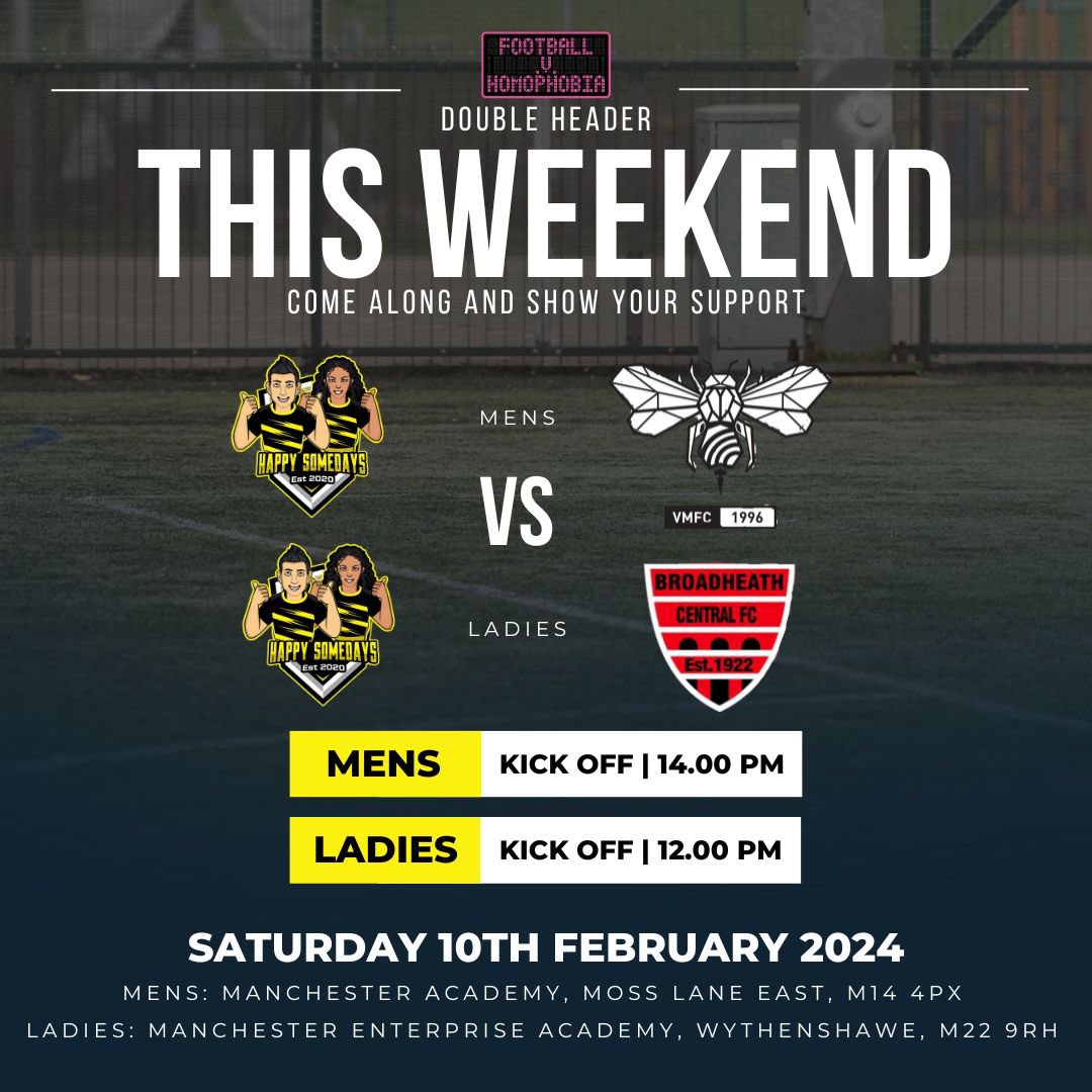 A double header today! 

Our womens participants are playing some of the girls from <a href="/bcfc1922/">Broadheath Central FC</a> our lads are visiting our friends <a href="/villagemancfc/">Village Manchester FC</a> 

All our friendlies this month are designated to <a href="/FvHtweets/">FootballvHomophobia</a> month of action 💛🖤🏳️‍🌈🏳️‍⚧️