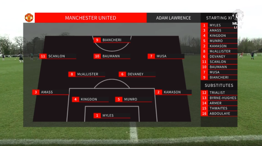 utdreportAcad's tweet photo. Today's starting XI and subs vs Derby County U18s: https://t.co/hdEjUNwWqC