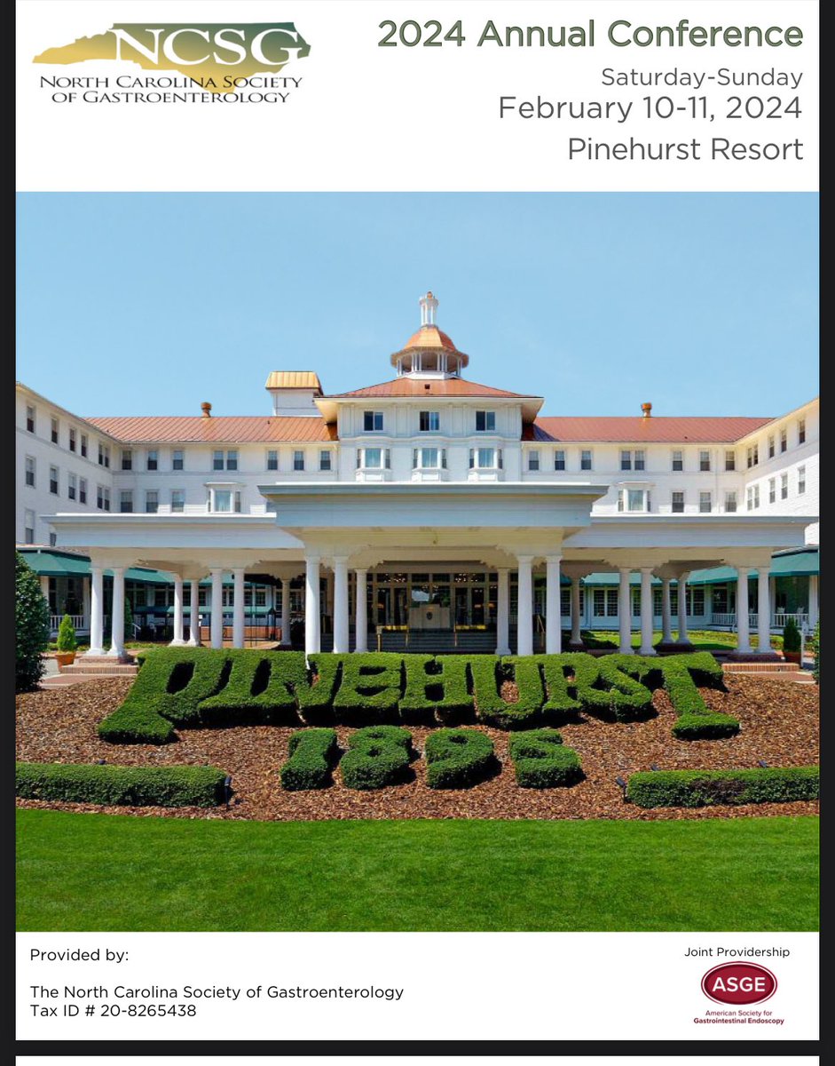 Rise and shine! Happy to kick off the 2024 @ASGEendoscopy-sponsored NC Society of Gastroenterology in the beautiful town of Pinehurst where I was born. 8am talk on alpha-gal syndrome & sucrase-isomaltase def. #ags #foodallergy @alphagal_info @UNCGastro