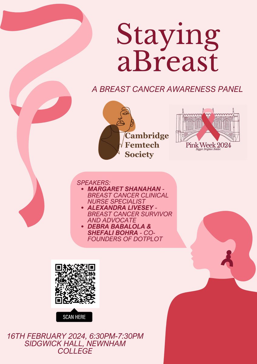 Join us on Feb 16th 6:30pm <a href="/Newnham_College/">Newnham College</a> for ‘Staying aBreast - a breast cancer awareness in collab with Cambridge Pink Week. Get your FREE tickets on Eventbrite and consider donating to support Pink Week's initiatives. #CambridgeEvents eventbrite.com/e/staying-abre…