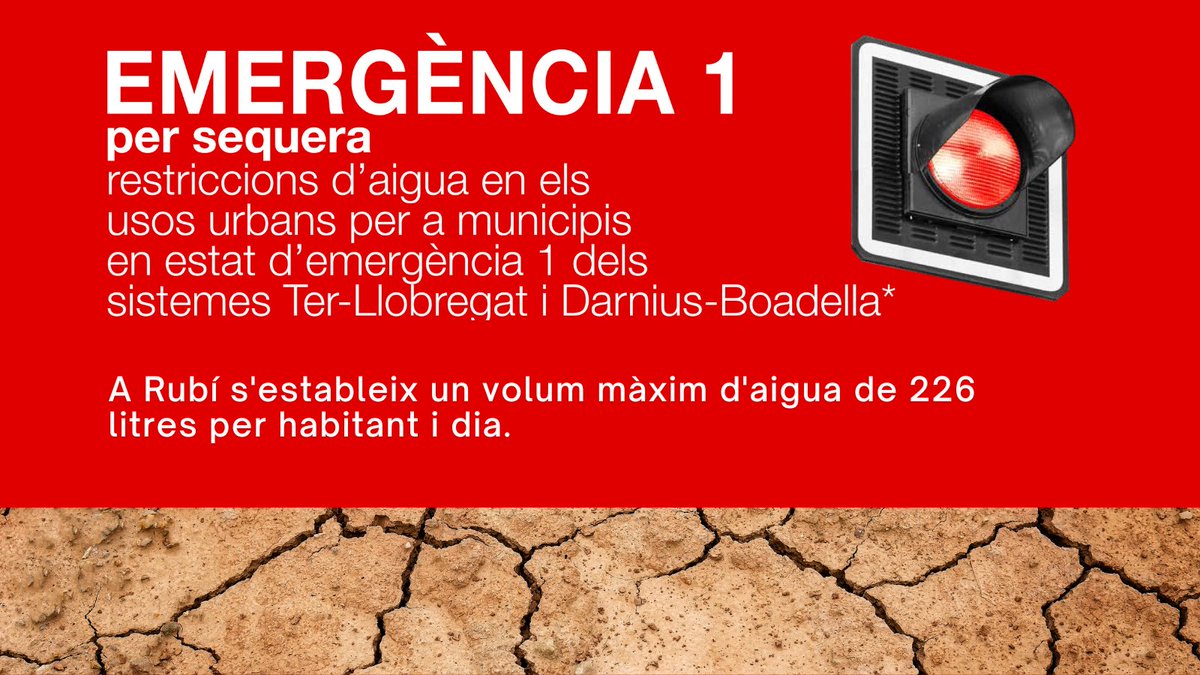 ⚠️ Emergència 1 per sequera. Cal extremar encara més les mesures per estalviar aigua.

🏭 A Rubí, amb un marcat caràcter industrial, l’ACA ha establert un volum màxim d’aigua de 226 litres/habitant/dia.

💦 Estalvia aigua. És urgent! ➡️ rubi.cat/sequera 

#rubicity