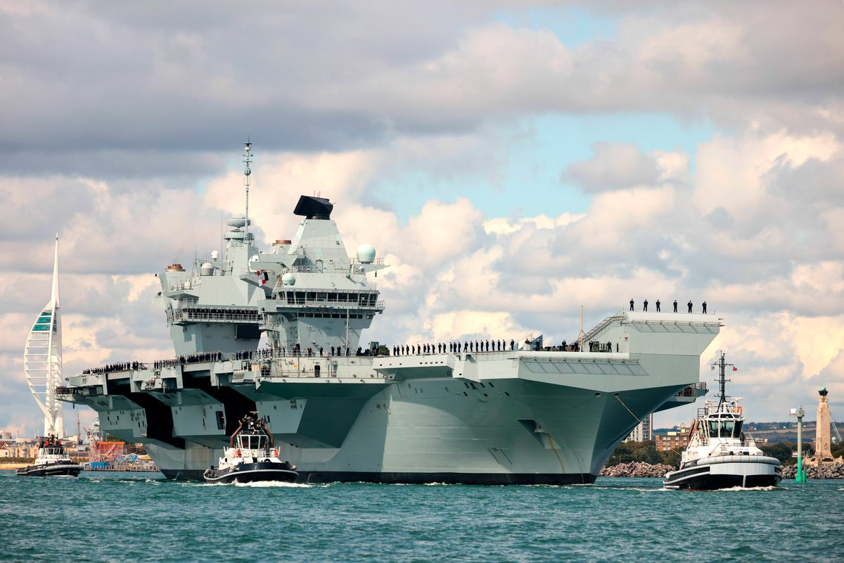 RoyalNavy's tweet photo. The aircraft carrier HMS Prince of Wales is due to sail from Portsmouth to take the place of HMS Queen Elizabeth to join the NATO Exercise Steadfast Defender. As ever, sailing will be subject to suitable tide and weather conditions. https://t.co/phH2R5NAZm