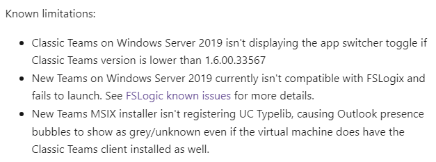 cstalhood's tweet photo. New Teams on Windows Server 2019 currently isn't compatible with FSLogix and fails to launch. https://t.co/ns51nrA0hj https://t.co/WIxWttimqJ