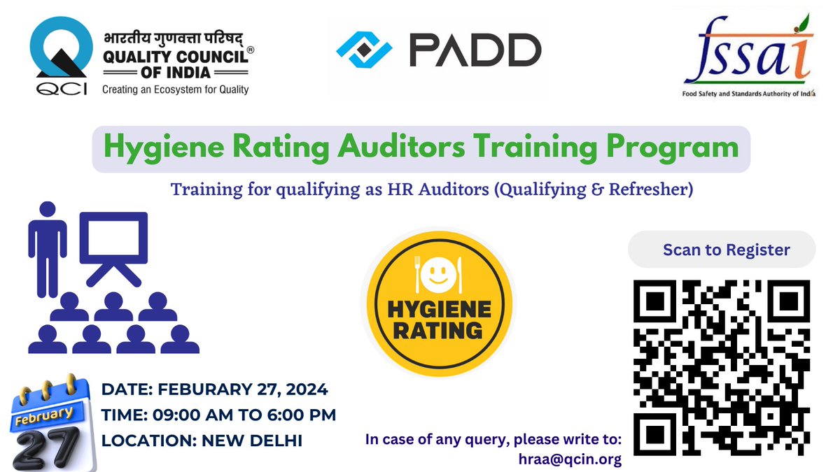 Committed to @ViksitBharat, @PADD_QCI is organizing #Hygiene #Rating Auditors Training Program for HR #auditors under the guidance of @fssaiindia. The session is designed for both #Qualifying and #Refresher auditors. #qualitymatters #HygieneRating