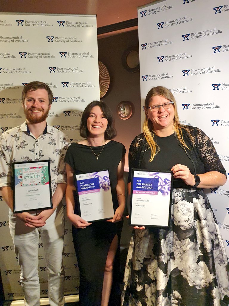 So proud of our UC Pharmacy Student, Hayden, along with Graduates Jaqueline & Alicia, who were recognised for their achievements at the PSA ACT Awards tonight. Congratulations to our winners! #UniCBR #PSAACTawards24  @UCFacultyHealth @UniCanberra @PSA_ACT_Branch @PSA_National