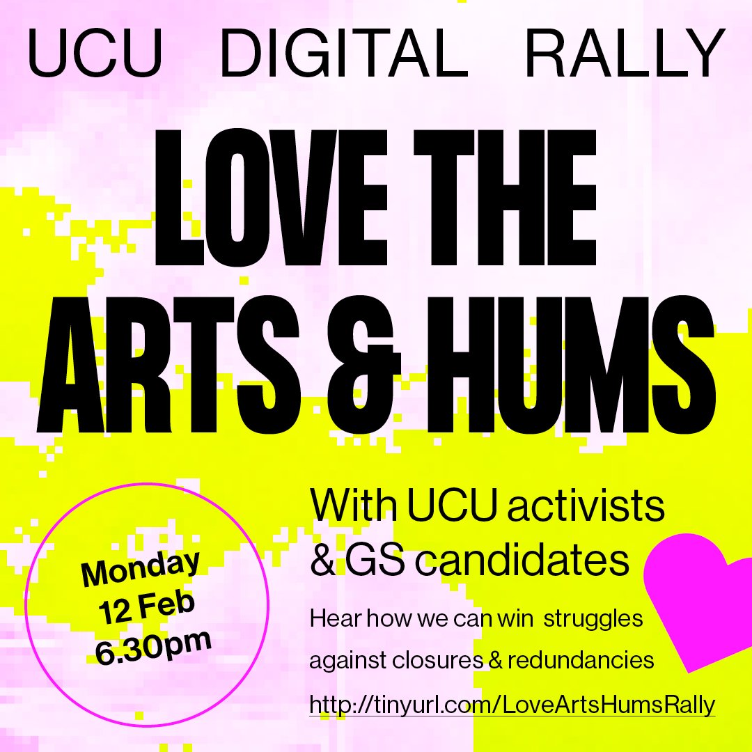 ❤️Love the Arts & Hums 📅Mon 12 Feb, 6.30pm tinyurl.com/LoveArtsHumsRa… Hear from activists fighting the increasing attacks on Arts & Hums in HE & those who've had important wins! All GS candidates will present in 5 mins how they will defend the post-16 arts & hums education sector