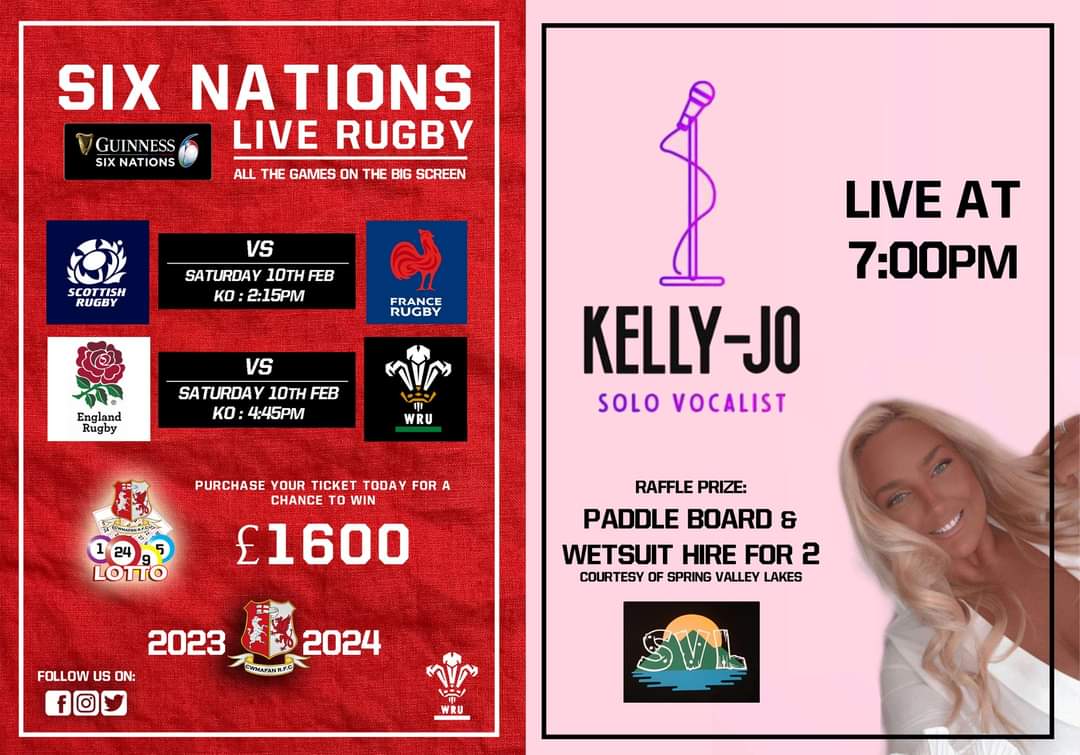 Packed day at the clubhouse!
All <a href="/SixNationsRugby/">Guinness Men's Six Nations</a> games on the big screen, immediately after we have the amazing vocal talents of Kelly Jo

Raffle Prize: Paddle Board &amp; Wetsuit Hire x 2

Don't forget to pick up your lotto ticket today for a chance to win £1600 in Mondays draw!