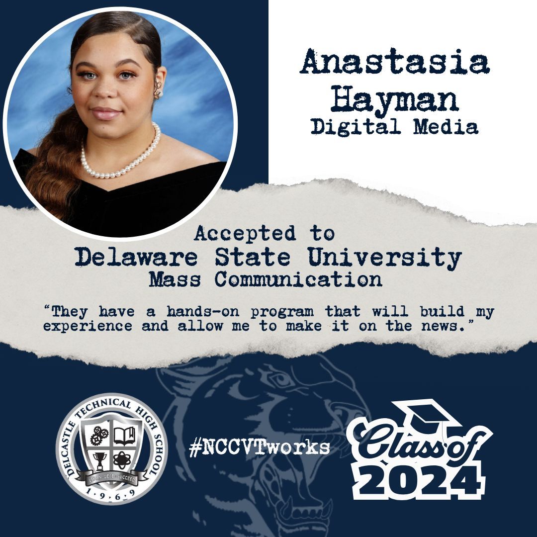 🎓 Congrats to Anastasia Hayman of Digital Media. She has been offered a seat as a Hornet of Delaware State University this fall for their Mass Communication program. We're looking forward to your wonderful broadcast career, Anastasia. Congrats! #NCCVTworks