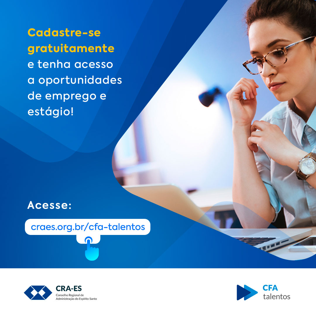 CRA_ES's tweet photo. CFA Talentos: onde profissionais e oportunidades se encontram! Descubra vagas ilimitadas na área da Administração, cadastre-se e dê o próximo passo na sua carreira. Estamos aqui para impulsionar seu sucesso! 🚀

#CFATalentos #Administração #Oportunidade #CRAES #CFA https://t.co/ASj4bzjm9b