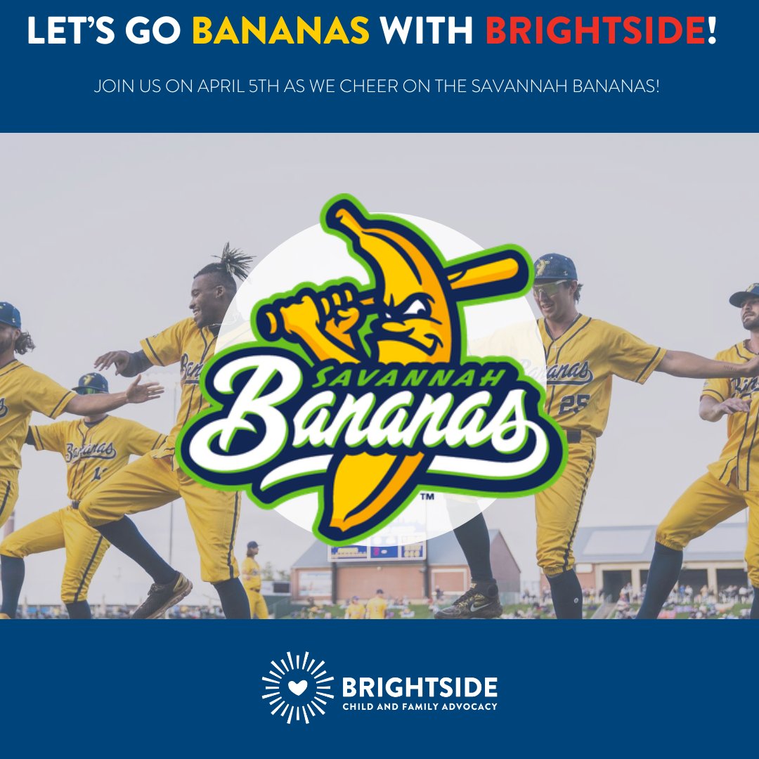 SavChathamCASA's tweet image. Let's Go Bananas with Brightside! Join us as we cheer on @thesavbananas as they take on The Party Animals. April 5th at 7pm. Hope to see you there! Get your tickets here: gobananas.fansfirsttickets.com/order/group/40…

#savannahbananas #thebrightside #savannahcasa #baseballgames