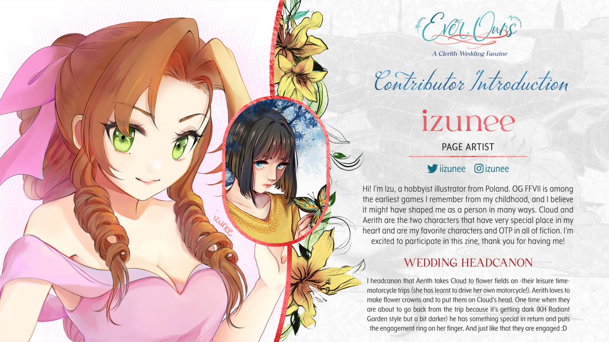 ClerithWedding's tweet photo. 💒 CONTRIBUTOR INTRO

With a clean and whimsical style that you just can't miss, @iizunee will be joining as a Page Artist in the zine! Please give her a warm as she illustrates for Cloud and Aerith's big day✨ https://t.co/HQLZUkjGvZ