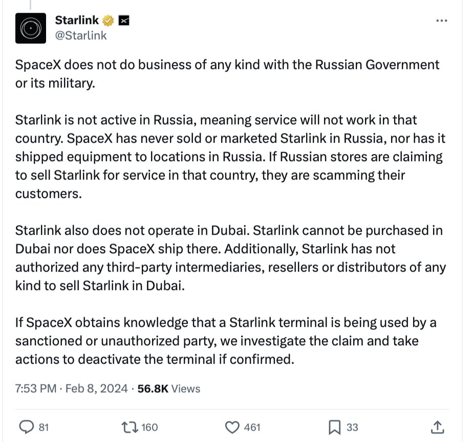 alex_avoigt's tweet photo. "Starlink is not active in Russia, meaning service will not work in that country. SpaceX has never sold or marketed Starlink in Russia, nor has it shipped equipment to locations in Russia. If Russian stores are claiming to sell Starlink for service in that country, they are scamming their customers."

Stop spreading factual wrong information about Starlink.