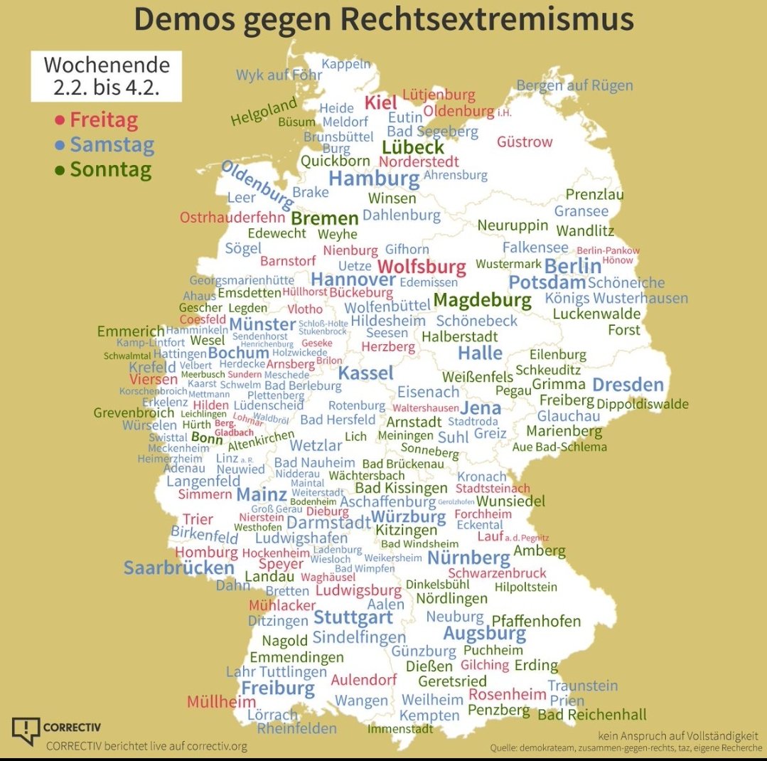 Wie viele Demos bekommt die Regierung wohl dieses Wochenende deutschlandweit zusammen? Oder ist aus diesen staatlichen Astroturfing-Veranstaltungen nach nichtmal einem Monat schon die Luft raus?@AfD #WirSindDieBrandmauer #wirsindmehr #GegenRechts #wirsindbunt #AfD