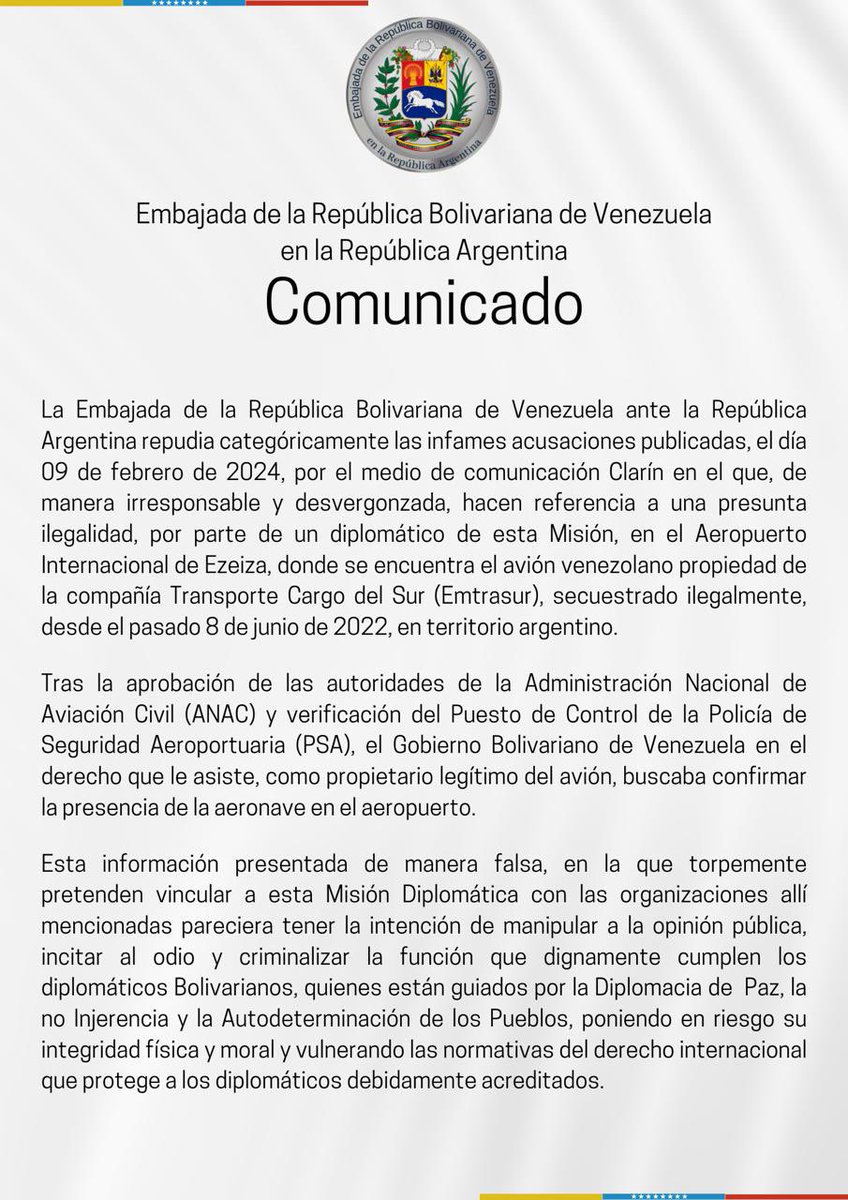 EmbaVEArgentina's tweet photo. #COMUNICADO La Embajada de la República Bolivariana de Venezuela ante la República
Argentina repudia categóricamente las infames acusaciones publicadas, el día 09 de febrero de 2024, por el medio de comunicación Clarín https://t.co/UBbzRJ84EW