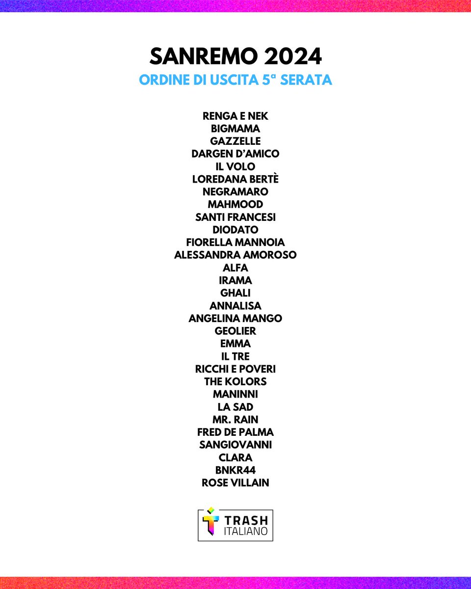 trash_italiano's tweet photo. L’ordine di uscita della quinta serata di #Sanremo2024. https://t.co/wTASyytXxm