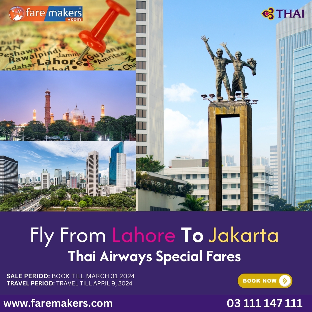 Faremakers's tweet photo. Thai Airways Offering Special Fares 
Fly Lahore to Jakarta (Indonesia)

Book Till March 31, 2024 
Travel Till April 9, 2024 
Book now, With Faremakers

WhatsApp/Call: 0311 1147111 
Visit: https://t.co/DFG0nGaI0c 

#Faremakers #cheapflights #thaiairways #lahore #indonesia https://t.co/zbHWmc3drr