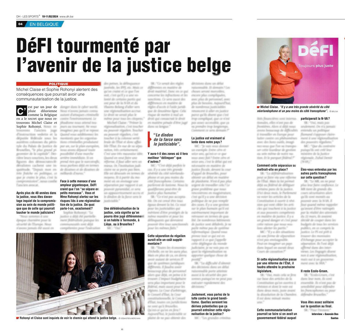 Ce week-end dans la DH, belle interview croisée de mes co-listiers de choc <a href="/SophieRohonyi/">Sophie Rohonyi</a> et Michel Claise. Ils mettent en garde contres les tentatives annoncées de régionalisation de la Justice, alors qu'il n'a jamais été aussi important, au contraire, de renforcer l'ancrage