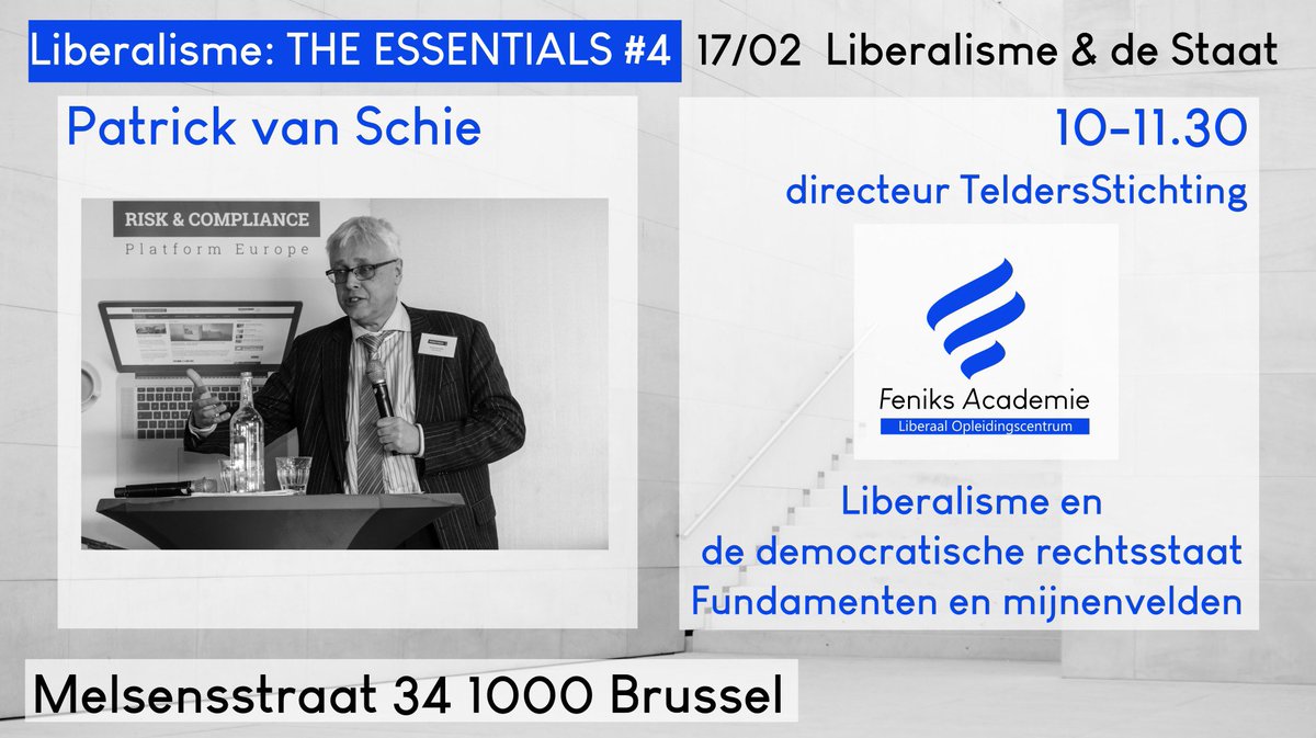 Op 17/2 vindt #theessentials4 plaats over liberalisme &amp; de staat. Onze 1ste spreker Patrick van Schie plaatst de rol van de rechtsstaat in liberaal perspectief. Hij is directeur van de TeldersStichting, auteur &amp; columnist. Info &amp; inschrijven👇feniksacademie.be/?p=182