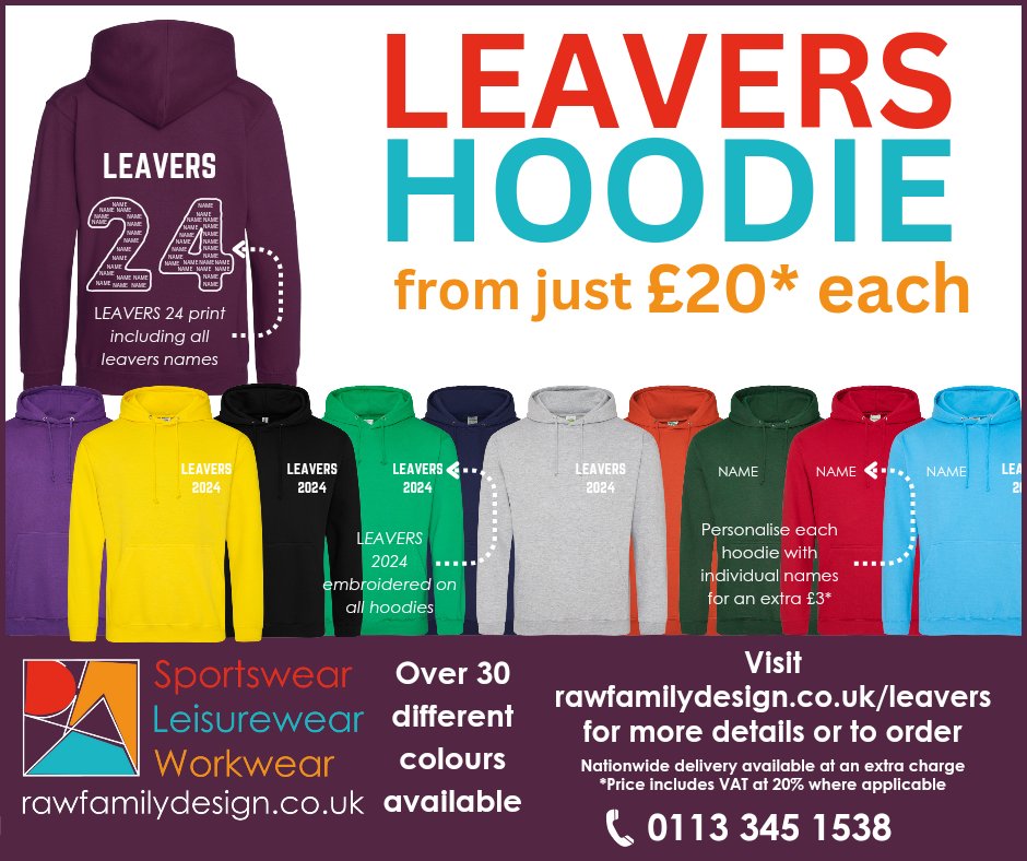 FamilyRAW's tweet photo. Looking for Leaver Hoodies for 2024?  Look no further!  With over 30 colour choices, we've got the perfect hoodie to commemorate that big step in your little ones (and their classmates) life!

Head on over to https://t.co/0qu0Y7FuhP to view the options.

#Classof24 #Leavers24 https://t.co/8TKoLWDznA