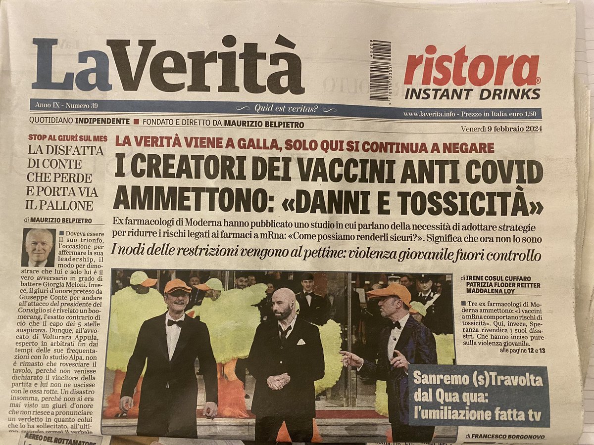 karinamichelin's tweet photo. Primeira capa do jornal italiano: 

“A verdade vem à tona, só aqui continuamos a negar.
Os criadores das vacinas anti Covid admitem: “ Danos e Toxicidade” 

O estudo publicado pelos ex-farmacologistas da Moderna está sendo destaque no mundo. Mas, no Brasil o negacionismo e a cegueira ideológica continua a reinar, sufocando a verdade e o óbvio através da ignorância.