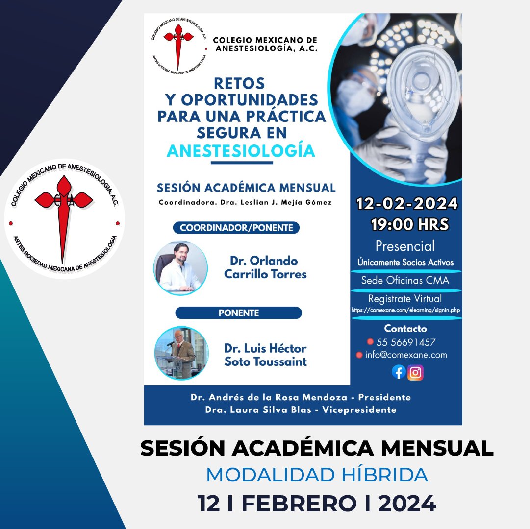 📌Consulta los detalles de nuestra Sesión Académica de Febrero “Retos y oportunidades para una práctica segura en Anestesiología”  📆 12 de Febrero 2024 ⏰ 19:00 hrs Regístrate aquí: comexane.com/elearning/sign… Más información Tel: 55 5669 1457 Email: info@comexane.com