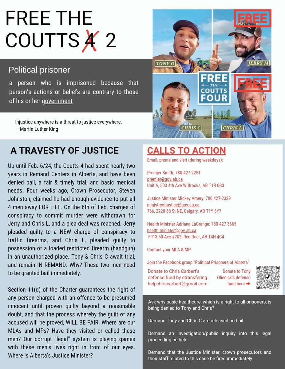 The flyers below will be at the convoy in #YEG today. Pls share these online of course, but also print &amp; handout wherever possible. Mailboxes, grocery stores/community center boards, etc. We need to bring as much awareness to this travesty of justice as possible #FreetheCoutts2