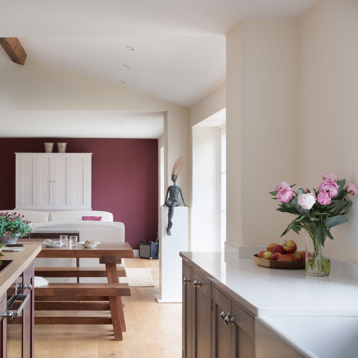 When adding colour to your kitchen don’t forget the bigger picture, particularly important if your kitchen is open-plan. Your final colour scheme is going to be forever visible so make sure it’s something you can happily live with day and night.
Pictured: CRL Quartz White Water
