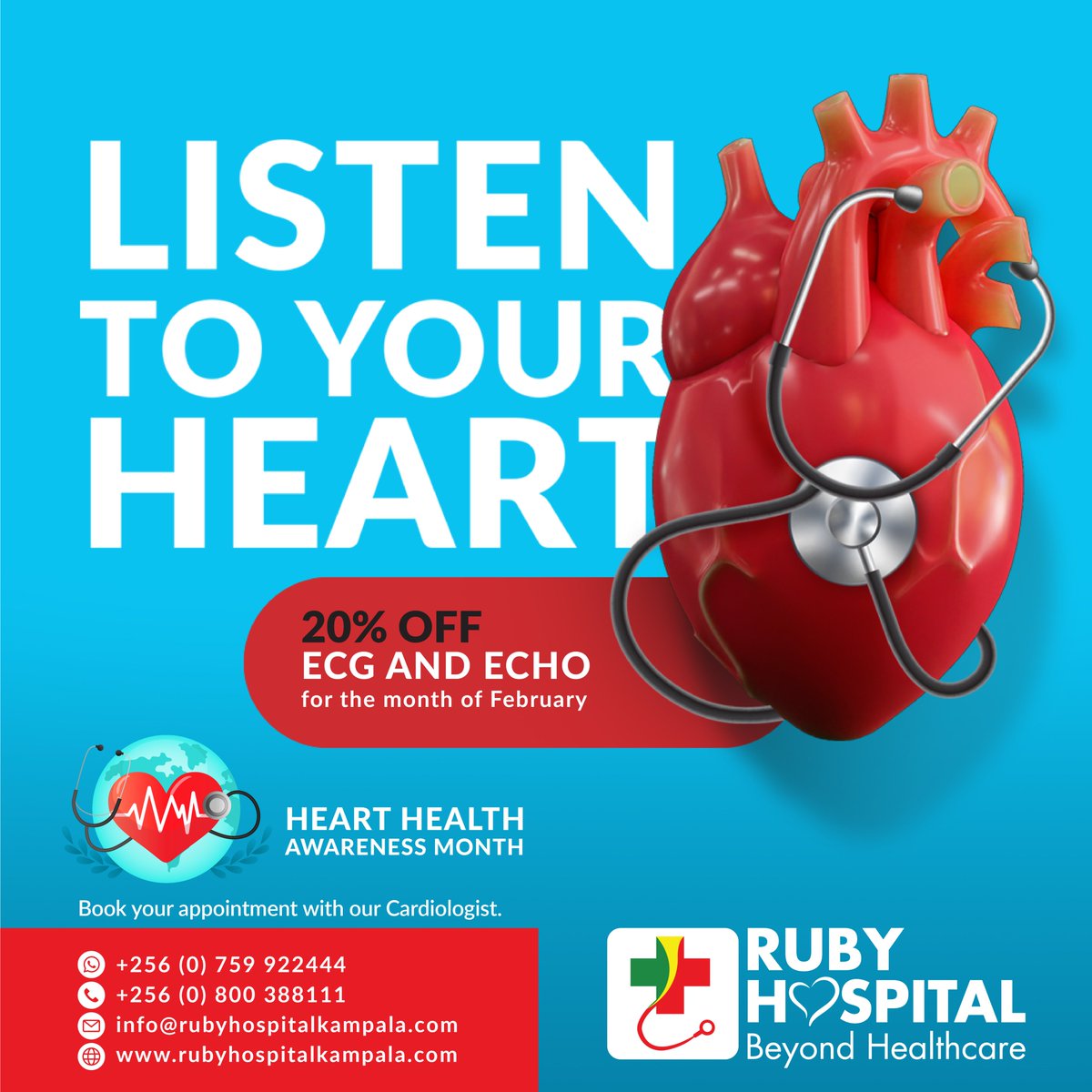 Unlock a healthier heart this Heart Health Awareness Month with Ruby Hospital’s compassionate care. ❤️ Take charge of your well-being, enjoy exclusive discounts on our heart health services. Your heart deserves the best! #HeartHealthAwarenessMonth