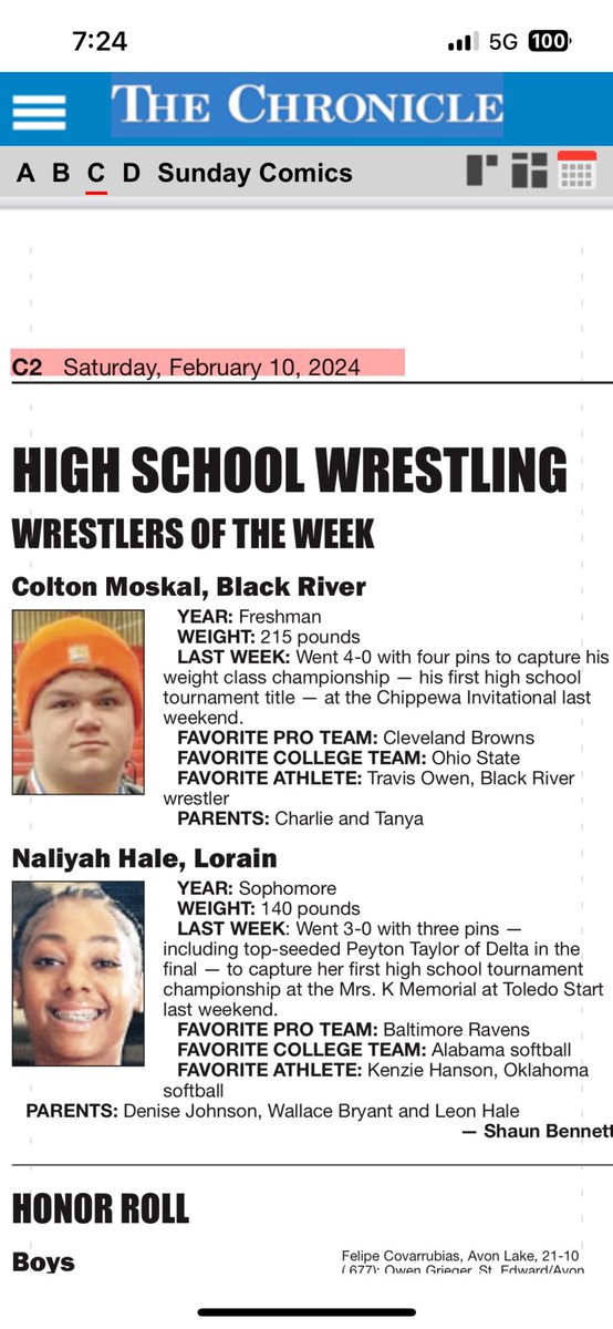 Congratulations Colton Moskal, Chronicle-Telegram Wrestler of the Week!