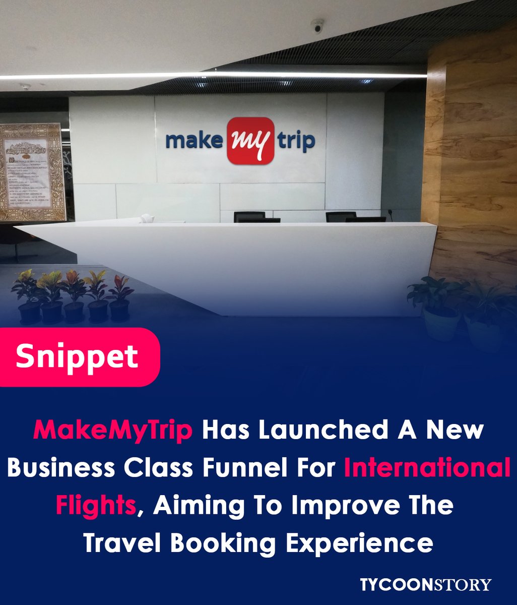 TycoonStoryCo's tweet image. MakeMyTrip, an online travel agency, announced the launch of its Business Class Funnel for international flights. 
#BusinessClass #TravelBooking #FlightExperience  #CorporateTravel #LuxuryTravel  #FlightBookings #TravelNews #TravelServices #TravelInnovation @makemytrip