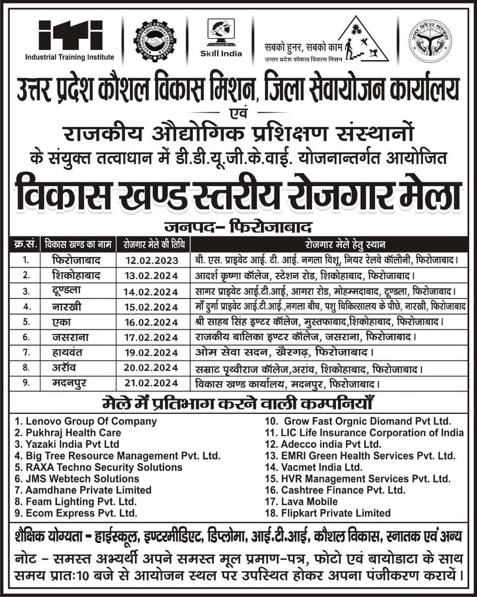 Jobseekers can Participate in Firozabad block wise Job Fairs.....<a href="/dm_firozabad/">DM Firozabad</a> <a href="/CdoFirozabad/">CDO Office Firozabad</a> <a href="/upsdm/">UPSDM</a>
