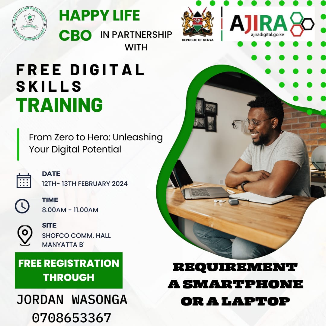 #DigitalSkillsTraining
<a href="/AjiraDigital/">Ajira Digital</a> <a href="/MoICTKenya/">Ministry of Info, Comms & The Digital Economy KE</a> <a href="/ManyattaBSJC/">Manyatta B Social Justice Centre -(MBSJC)</a> 
To all the Youths within Manyatta B Ward, grab this opportunity and get yourself trained !