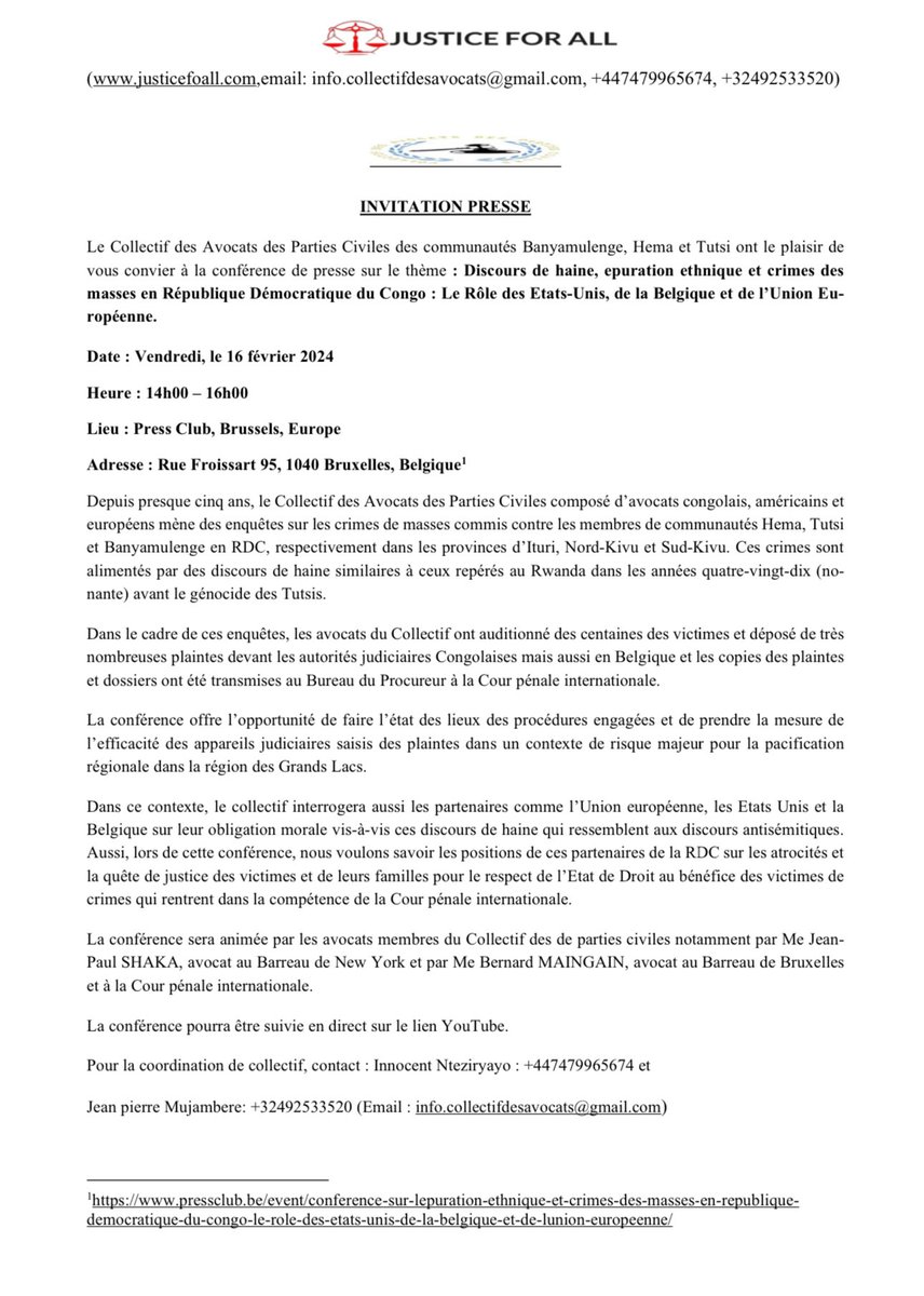 AvocatsCiviles's tweet photo. This is a friendly reminder about our press conference on16th February 2024 at 2 PM. I’ve attached a copy of invitation with all details regarding the conference.

Looking forward to seeing you soon https://t.co/lwSKLKdlff
