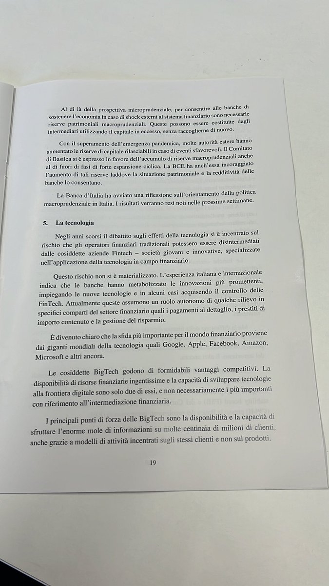 #AssiomForex
Bello il caitolo che Panetta dedica alla #tecnologia dove dichiara che la sfida più importante per il mondo finanziario proviene dai giganti mondiali della tecnologia quali Google, Apple, Facebook, Amazon, Microsoft  x enorme disponibilità di dati storici e live