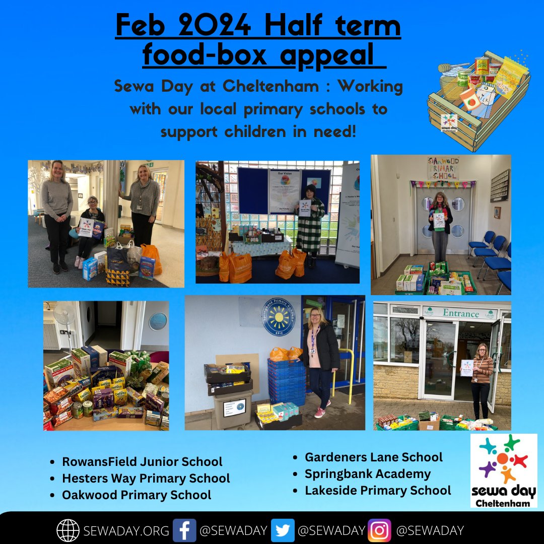 Our dedicated team of volunteers at @sewaday Cheltenham have been distributing food items during Feb Half-Term food-box appeal, aimed at children on Free Schools Meals register. Many local schools have emphasized the significance of this support. Thanks to those who contributed🙏