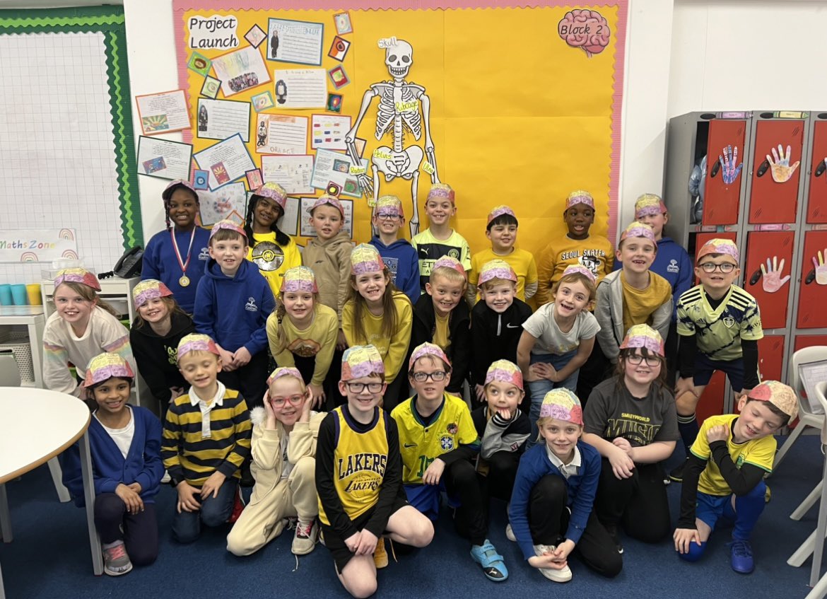 Yellow day for #ChildrensMentalHealthWeek at SJA! We also discovered different parts of the brain and how they work towards our emotions…..so we created brain hats 4 @ScarthoJ