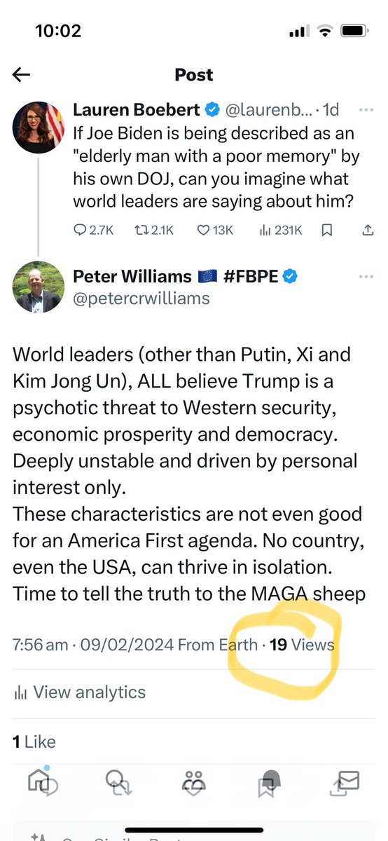 Interesting insight into X’s algorithm for serving up anti-Tr*mp responses to GOP posts. So with 3,800 followers, this post was shown to just 19 people in 24 hours. I’m not concerned about how many Likes I get, but ‘X’ do same to bury negative responses to GOP fantasies - which